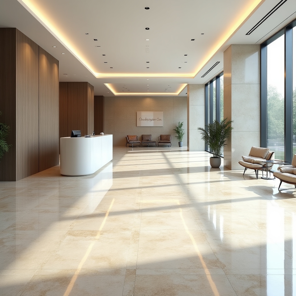 Repräsentativer Natursteinboden in moderner Bürolobby mit Tageslichteinstrahlung