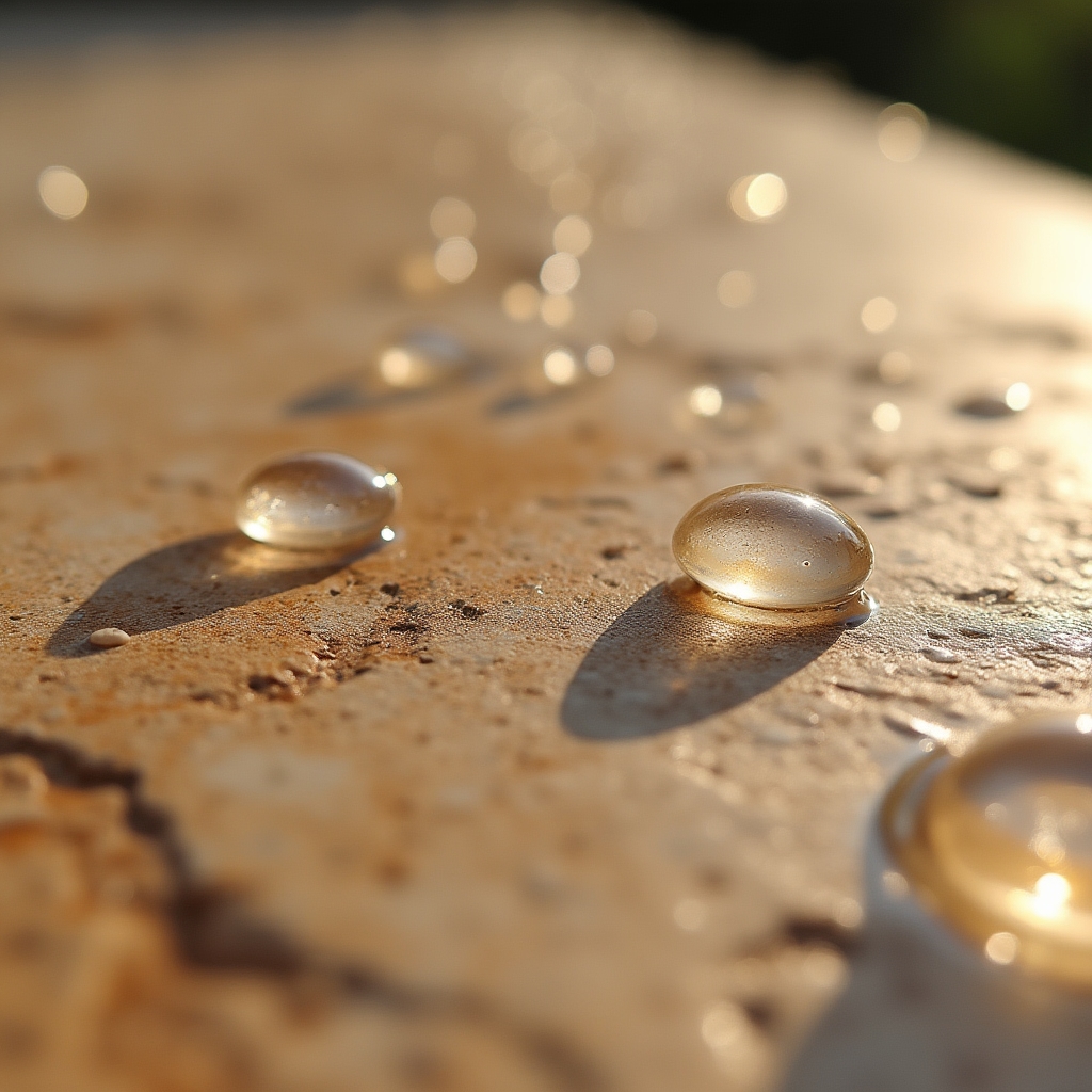 Wasserperlen auf imprägniertem Natursteinboden zeigen den Schutzeffekt der Imprägnierung