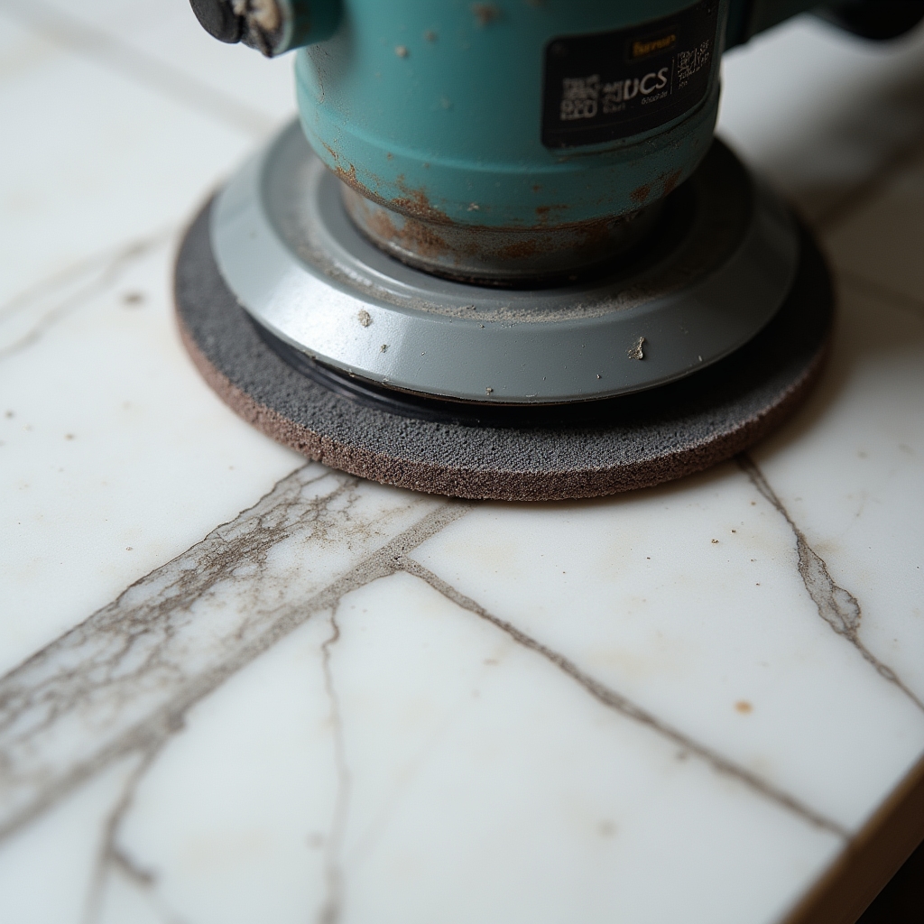 Detailaufnahme des Schleifvorgangs auf einer Marmorplatte mit Diamantpad und Wassereinsatz