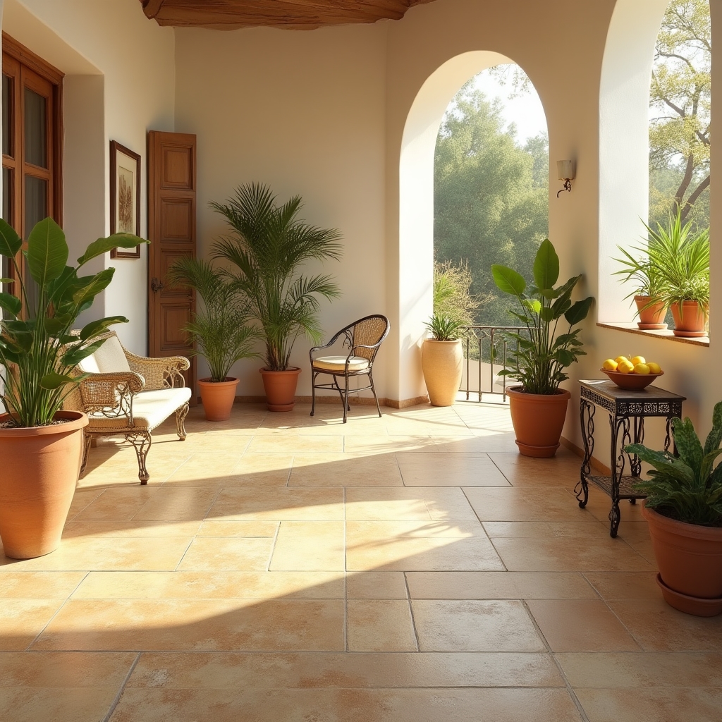 Warmer Travertinboden in Beige-Tönen mit natürlichen Poren in mediterranem Wohnambiente